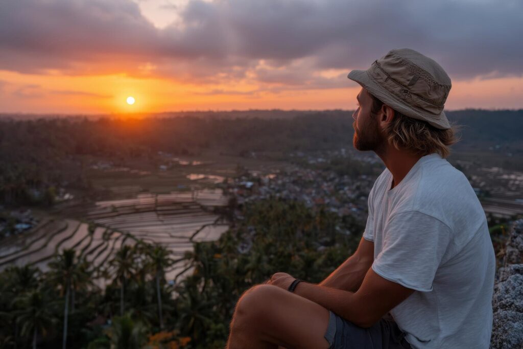 Young man sitting contemplating vast landscape rice terraces vietnam sunset 936064 1415